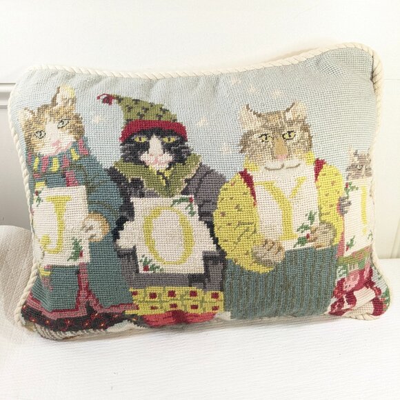 Vintage Cats in Snow Joy Needlepoint pillow Christmas decor throw PARIS BOTTMAN